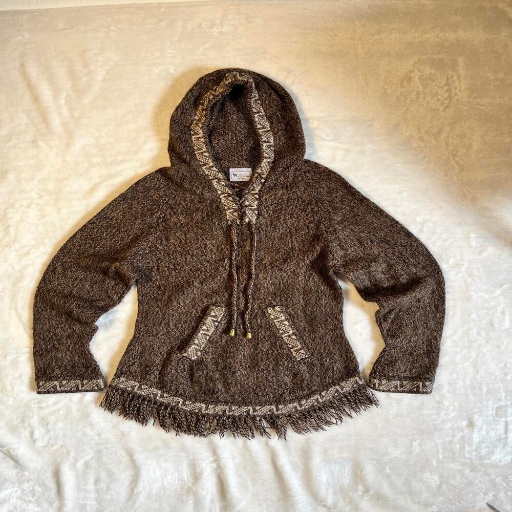 Alpaca Connection Wool Blend Hoody Sweater Women's XS Tribal Boho Fringe So Soft